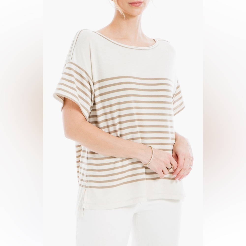 MAX STUDIO Beige and tan Striped Short Sleeve Top size L